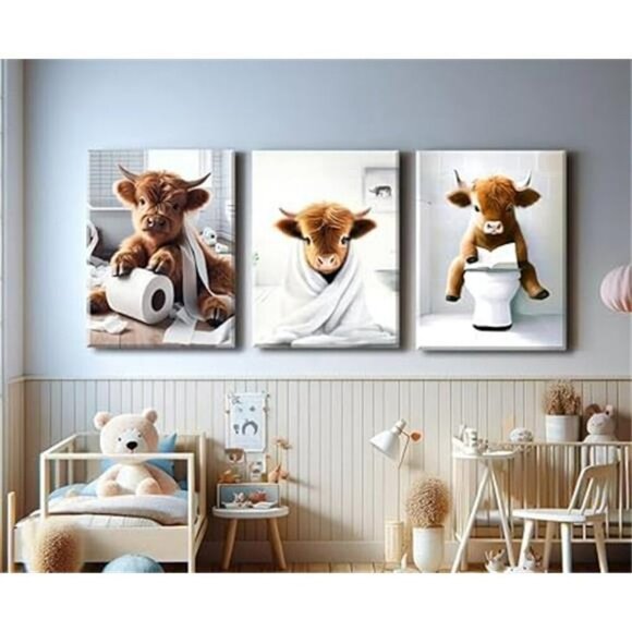 Highland Cow Wall Art Set Framed Funny Bathroom Farmhouse Rustic Decor 12x16 - Picture 7 of 8